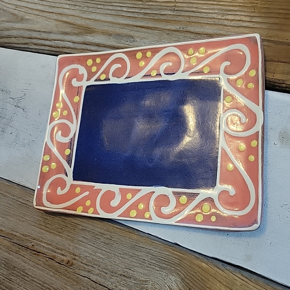 Earthworks Barbados Pottery Rectangular Trinket Tray Multicolor Design 6"x7.75"